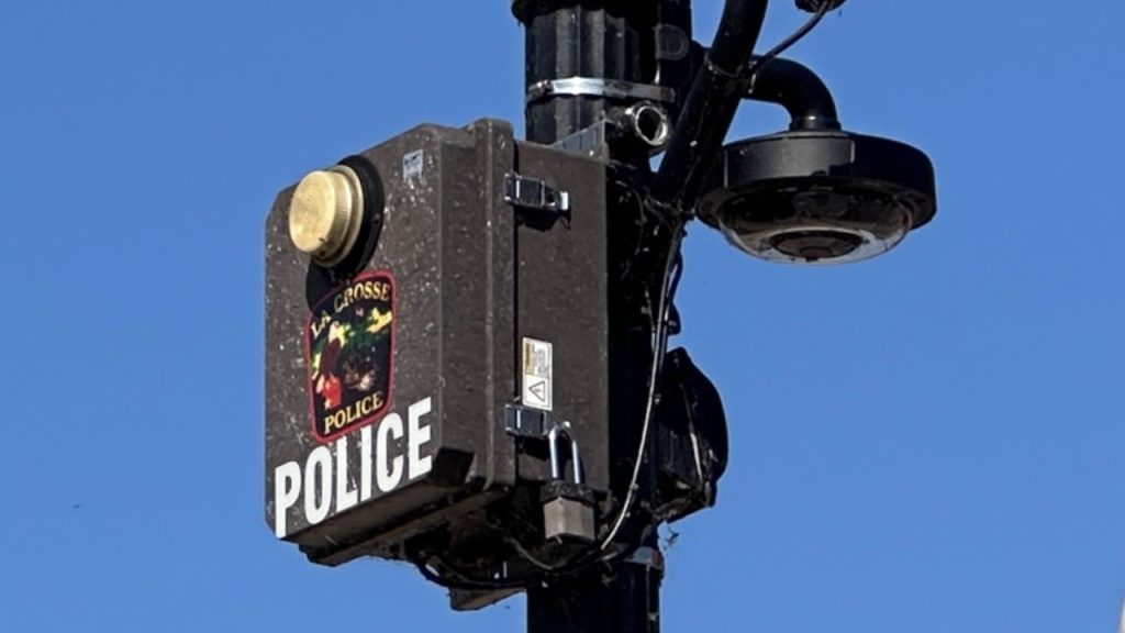 Downtown La Crosse police Safe Cam camera mounted on a streetlight.